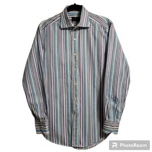 ETRO Milano Dress Shirt Mens 39 Multi Formal Striped Long Sleeve Silk Blend Luxe